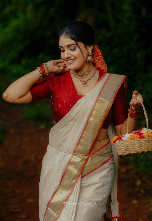 Premium Kerala saree red with golden border