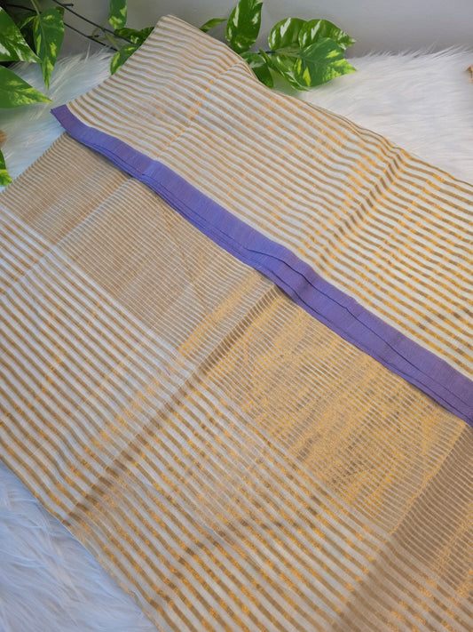 Mulcotton saree- violet border with stripped golden line