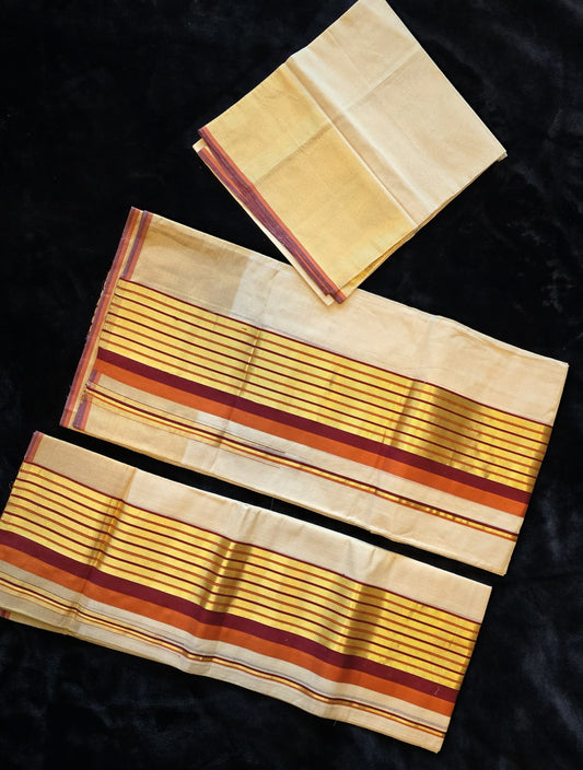 Pure Handloom Tissue Set mund-Rust Orange and Meroon