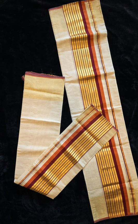 Pure Handloom Tissue Set mund-Rust Orange and Meroon