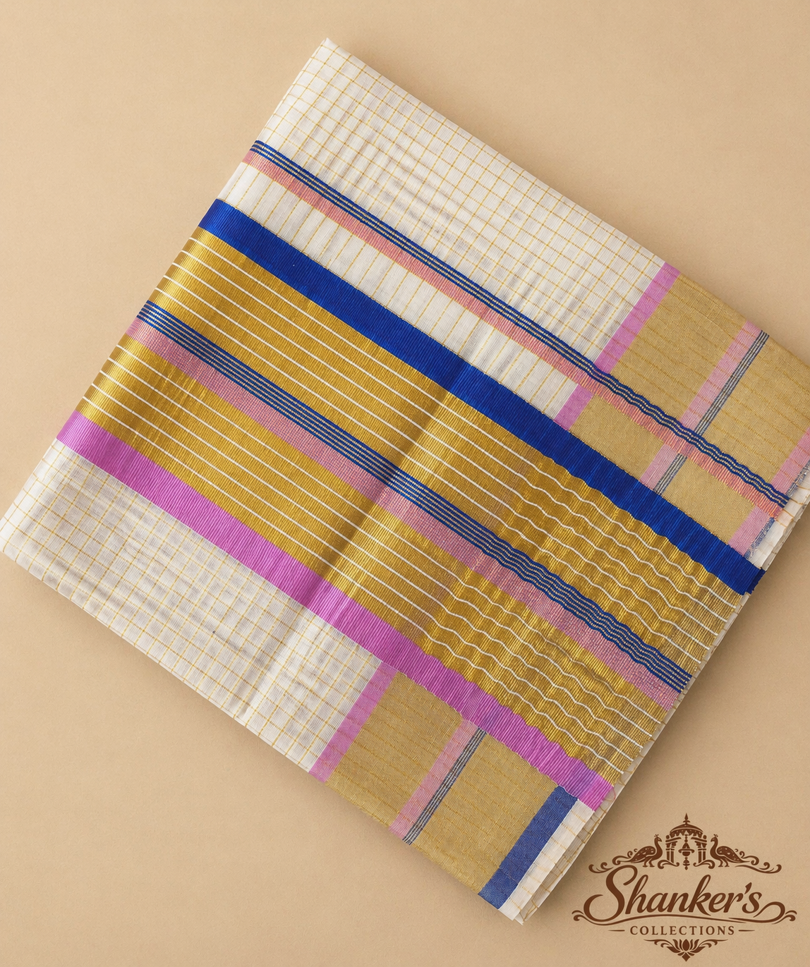 Traditional Kerala saree - Blue and Pink