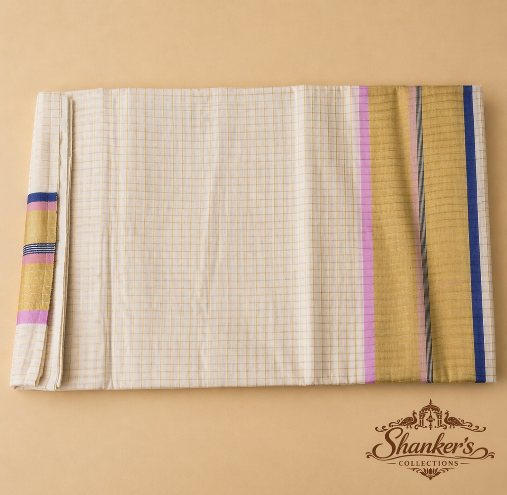 Traditional Kerala saree - Blue and Pink