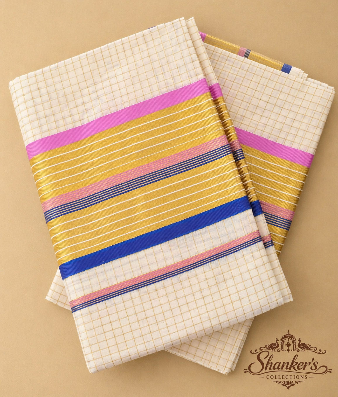 Traditional Kerala saree - Blue and Pink