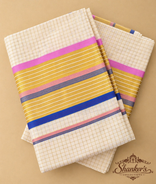 Traditional Kerala saree - Blue and Pink