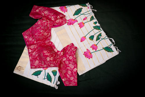 Combo - Kerala Traditional Lotus saree with blouse - Pink