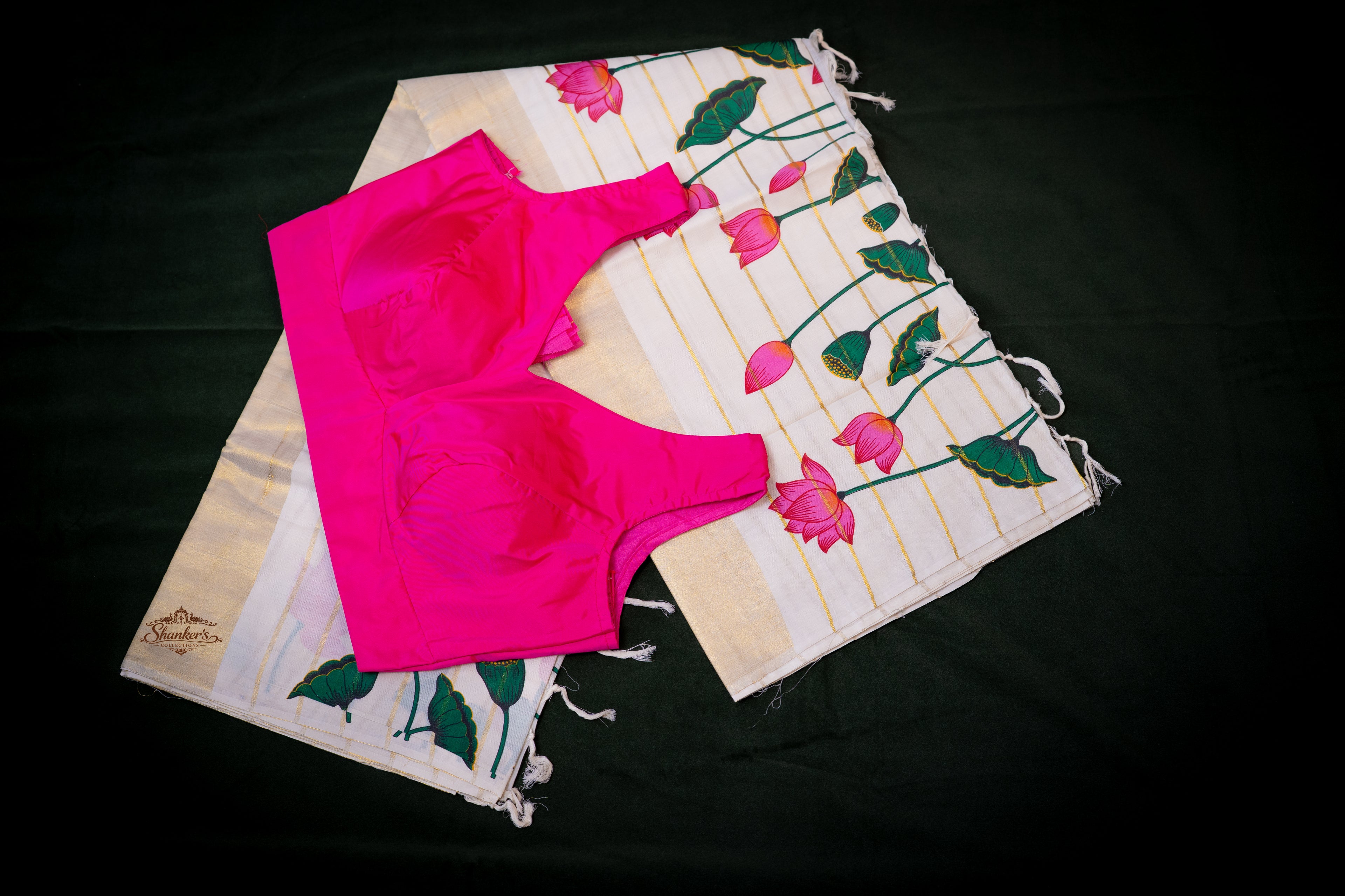 Combo - Kerala Traditional Lotus saree with blouse - Pink