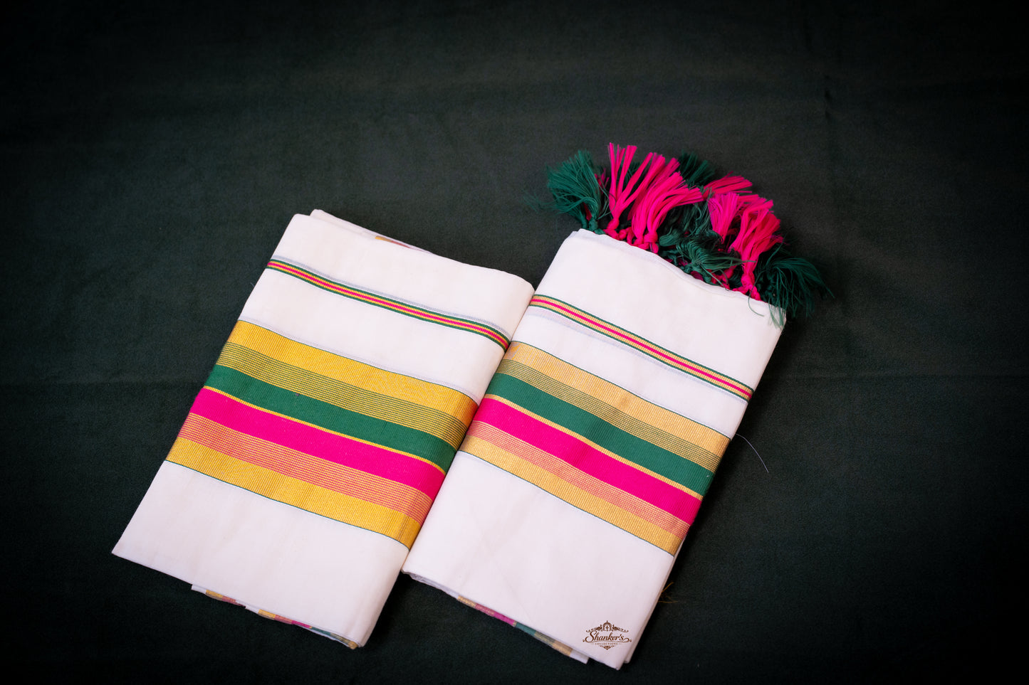 Kerala Traditional Set Mundu - Green and Pink