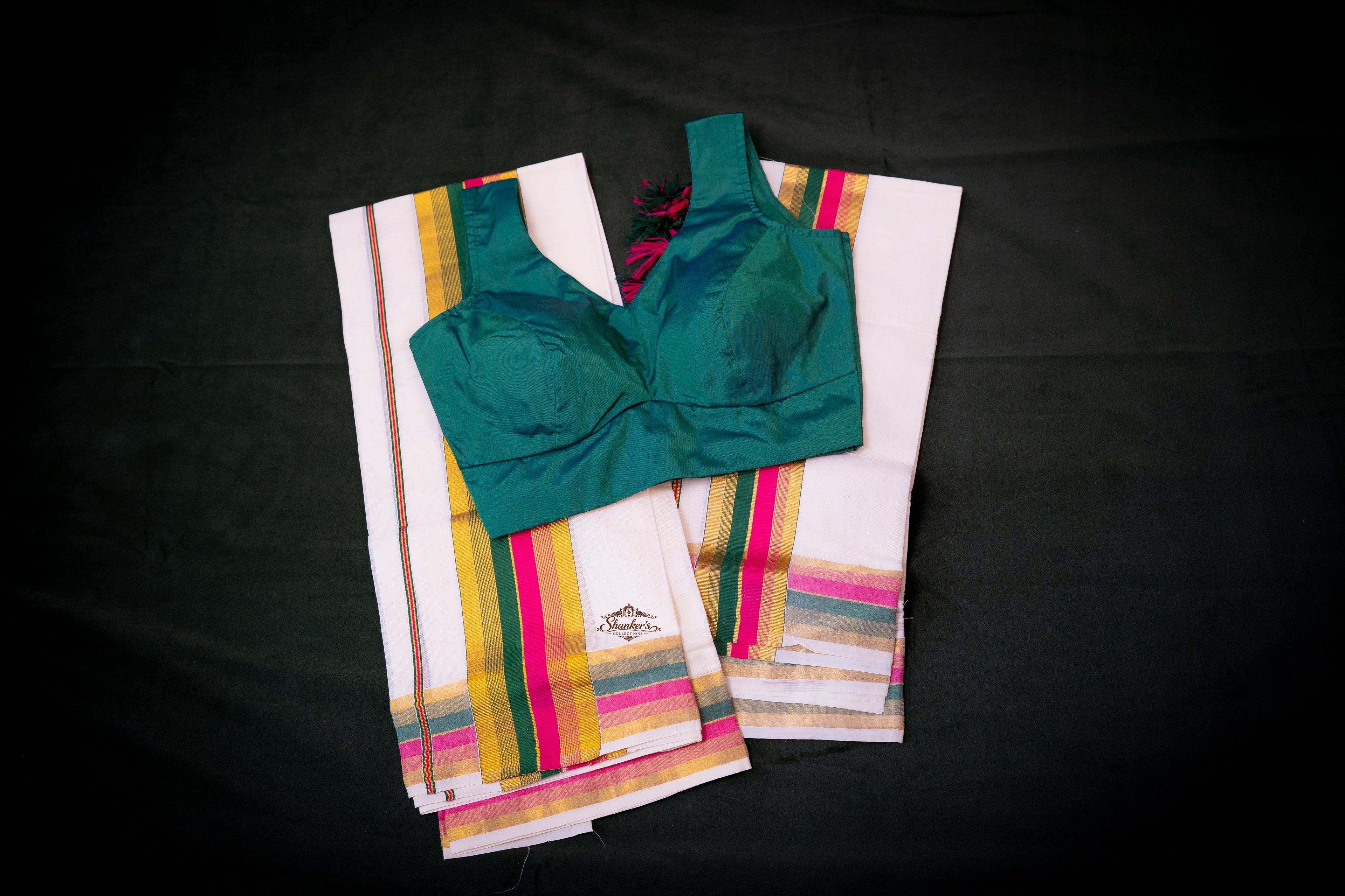 Combo - Kerala Traditional Saree and Blouse Pink and Green