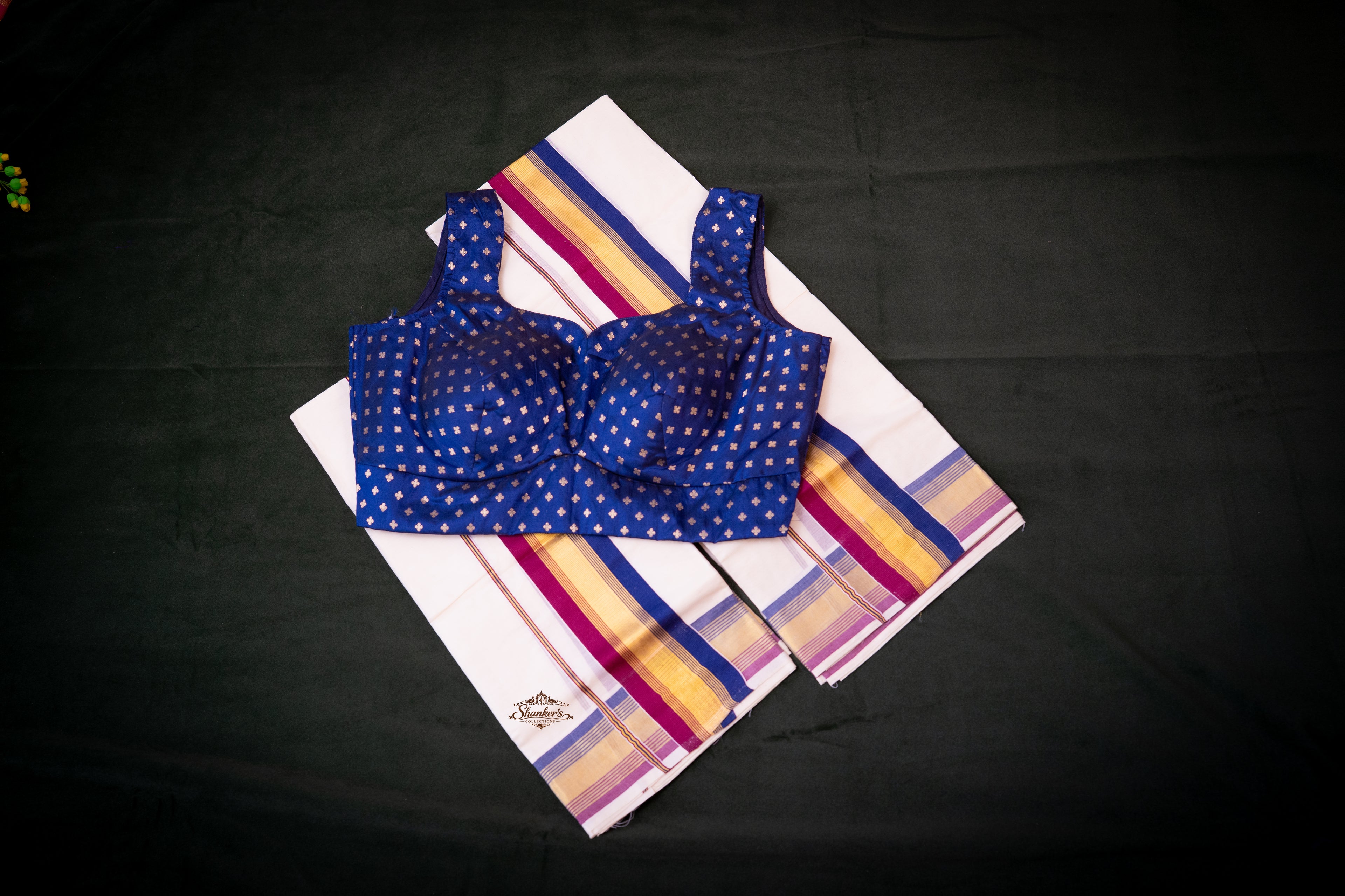 Combo - Kerala Traditional Set Mundu with Blouse - Blue