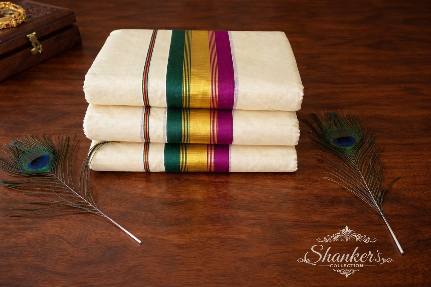 Kerala Traditional Set Mundu - Green and Majenta