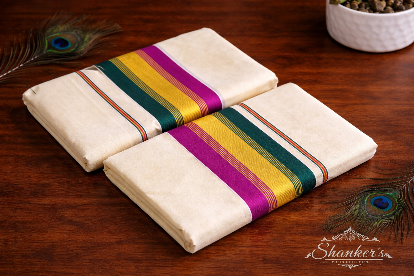Kerala Traditional Set Mundu - Green and Majenta