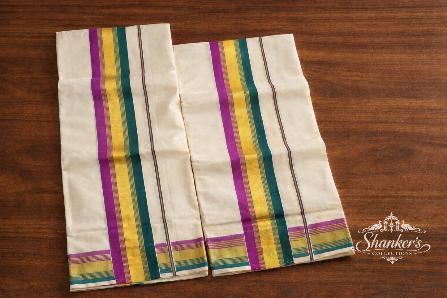 Kerala Traditional Set Mundu - Green and Majenta