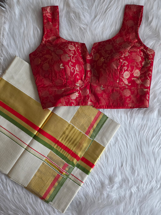 Kerala kasavu saree with blouse combo 6