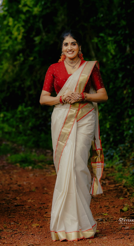 Premium Kerala saree red with golden border