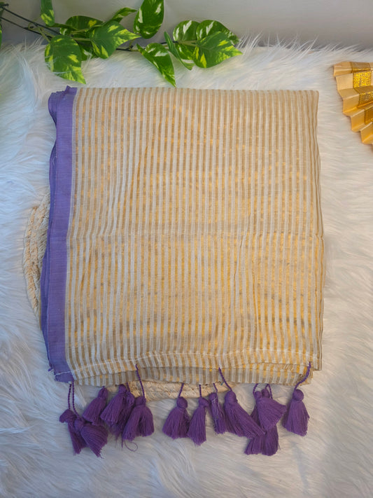 Mulcotton saree- violet border with stripped golden line