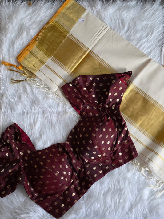 Handloom replica Kerala saree with contrast blouse combo 7
