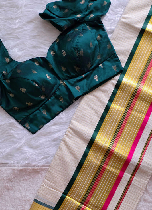 Kerala Saree and matching blouse combo 4