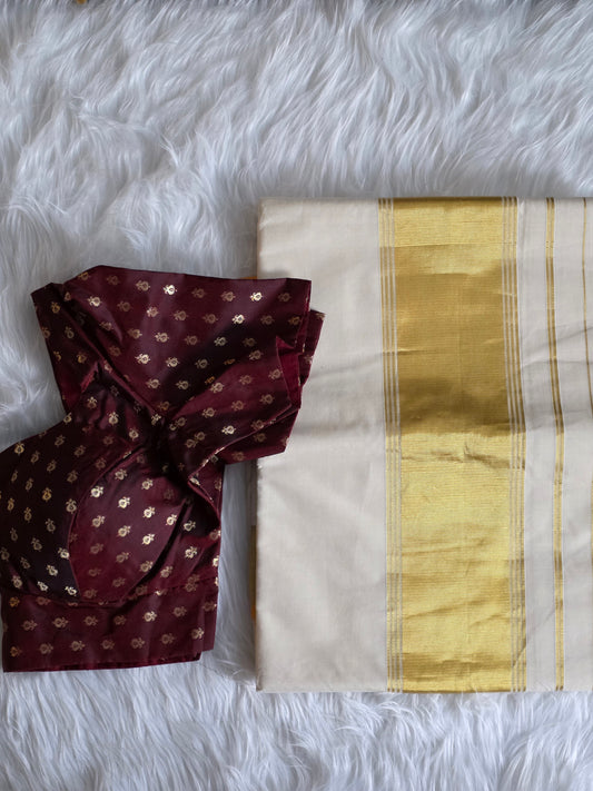 Handloom replica Kerala saree with contrast blouse combo 7