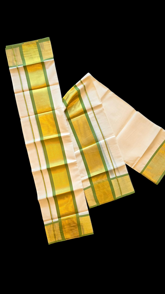 Kerala traditional set Mund-olive green and gold