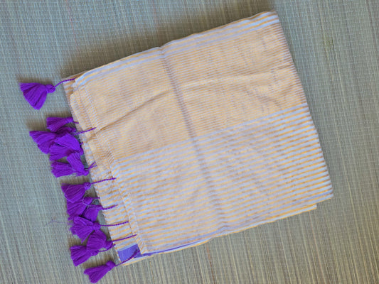 Mulcotton saree- violet border with stripped golden line